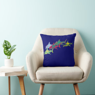 colourful sharks on blue cushion