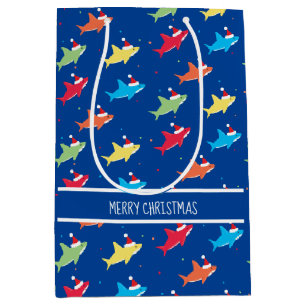Colourful Sharks Santa Hat Christmas Medium Gift Bag