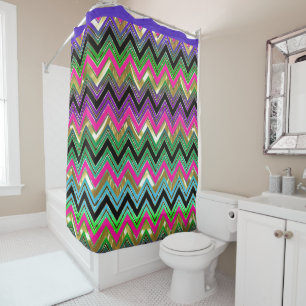 Colourful Shiny Chevron With Black Stripe Shower Curtain