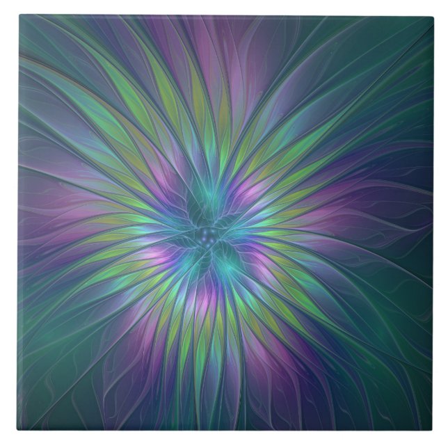 Colourful Shiny Fantasy Flower Abstract Fractal Ar Ceramic Tile (Front)