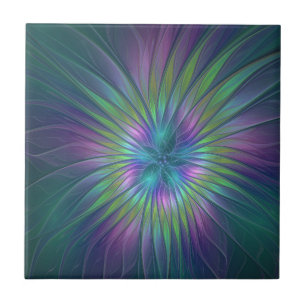 Colourful Shiny Fantasy Flower Abstract Fractal Ar Ceramic Tile