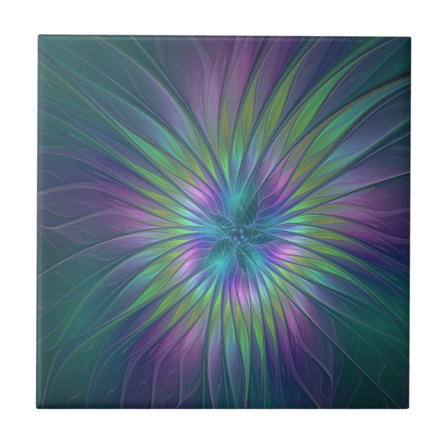 Colourful Shiny Fantasy Flower Abstract Fractal Ar Ceramic Tile (Front)