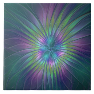 Colourful Shiny Fantasy Flower Abstract Fractal Ar Ceramic Tile