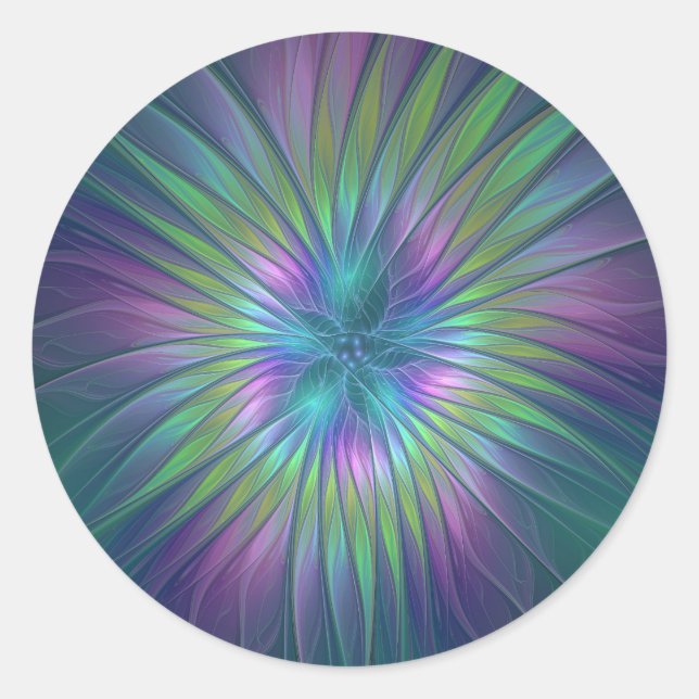 Colourful Shiny Fantasy Flower Abstract Fractal Ar Classic Round Sticker (Front)