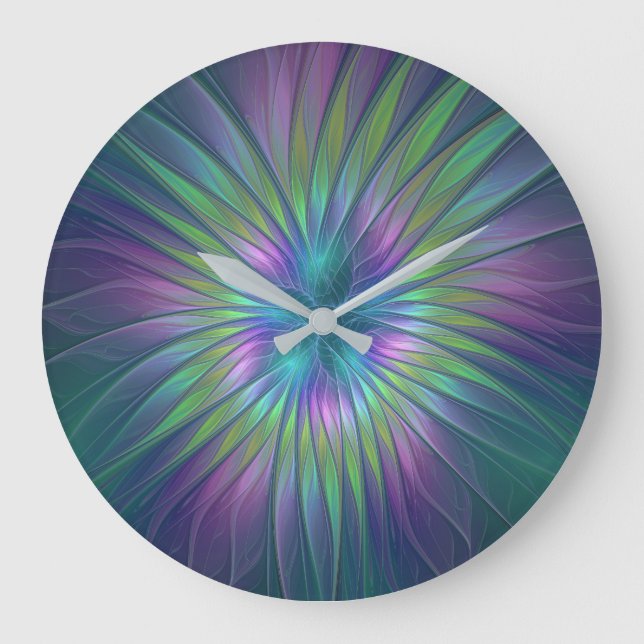 Colourful Shiny Fantasy Flower Abstract Fractal Ar Large Clock (Front)