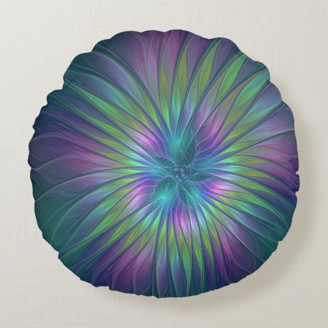 Colourful Shiny Fantasy Flower Abstract Fractal Ar Round Cushion (Front)