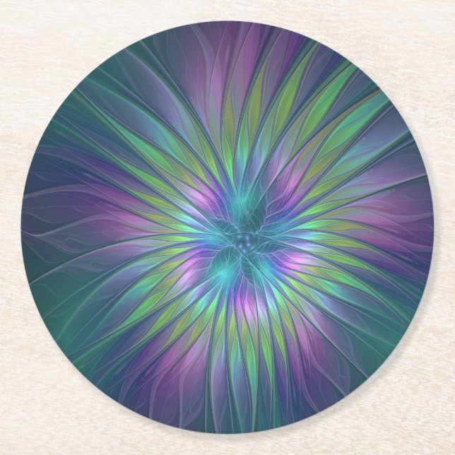 Colourful Shiny Fantasy Flower Abstract Fractal Ar Round Paper Coaster (Front)