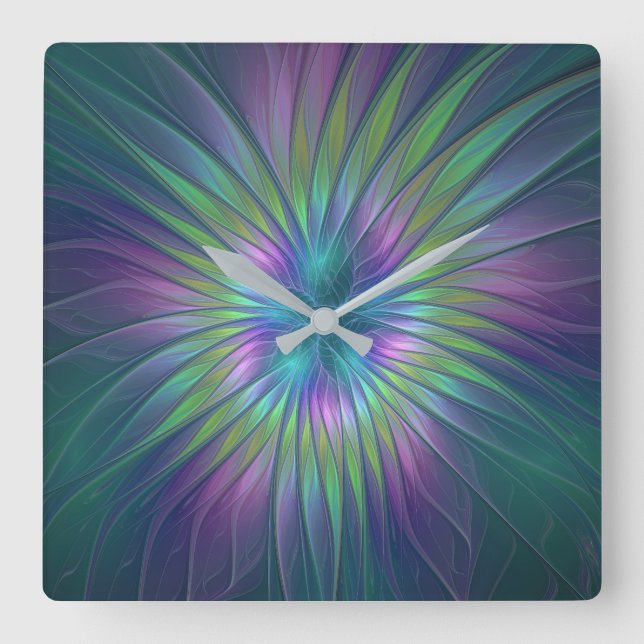 Colourful Shiny Fantasy Flower Abstract Fractal Ar Square Wall Clock (Front)