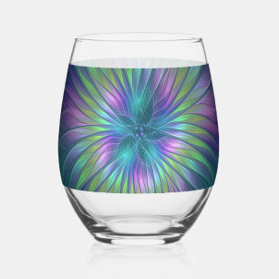 Colourful Shiny Fantasy Flower Abstract Fractal Ar Stemless Wine Glass