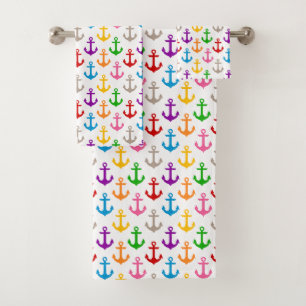 Colourful Ship Anchor Design White Bath Towel Set