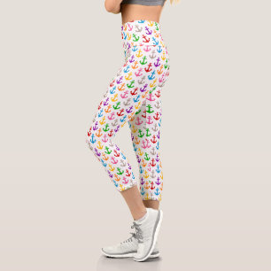 Colourful Ship Anchor Design White Capri Leggings