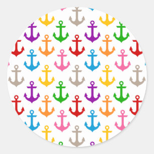 Colourful Ship Anchor Design White Classic Round Sticker
