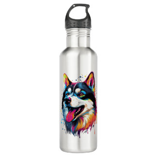 colourful Siberian Husky dog in PopArt style   710 Ml Water Bottle