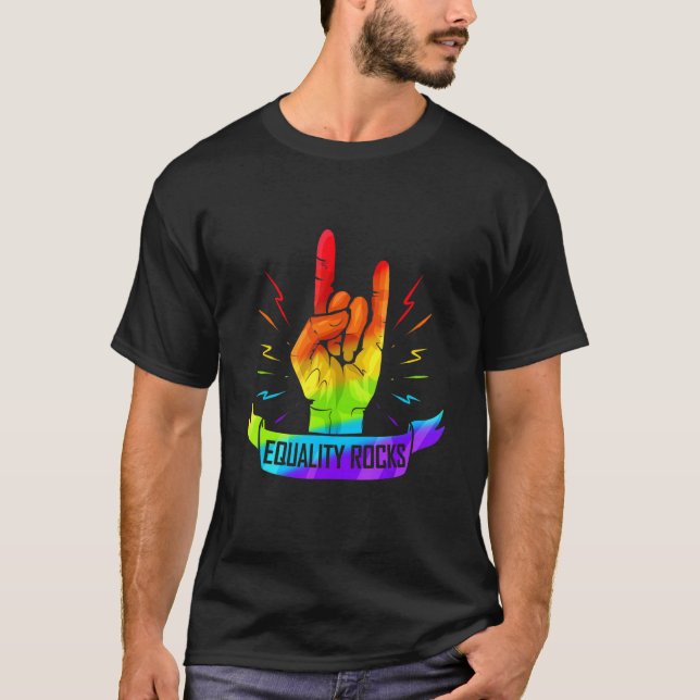 Colourful Sign Of The Horns Hand Lgbtq Equality Ro T-Shirt (Front)