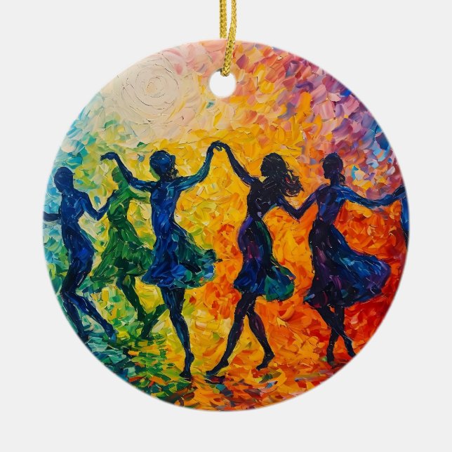 Colourful Silhouettes Dancing Ceramic Ornament (Front)