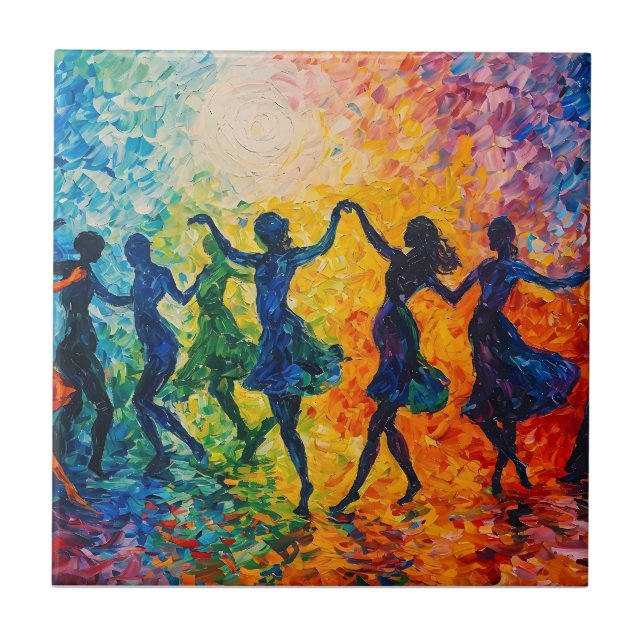 Colourful Silhouettes Dancing Ceramic Tile (Front)