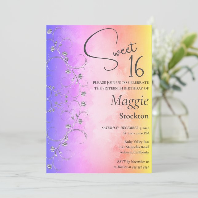 Colourful Silver Border Sweet 16 Invitation (Standing Front)