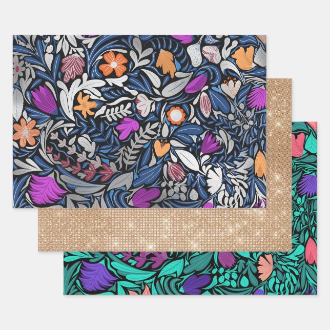 Colourful Silver Floral Leaf Illustration Pattern Wrapping Paper Sheet (Set)