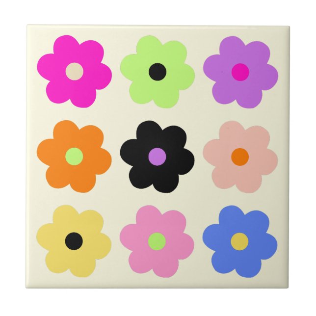 Colourful Simple Daisies Retro BOHO Chic Floral Ceramic Tile (Front)