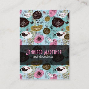Colourful Simple Hand Drawn Retro Flowers & Birds Business Card