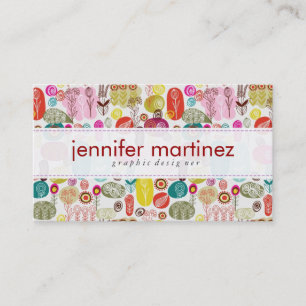 Colourful Simple Hand Drawn Retro Flowers Pattern Business Card