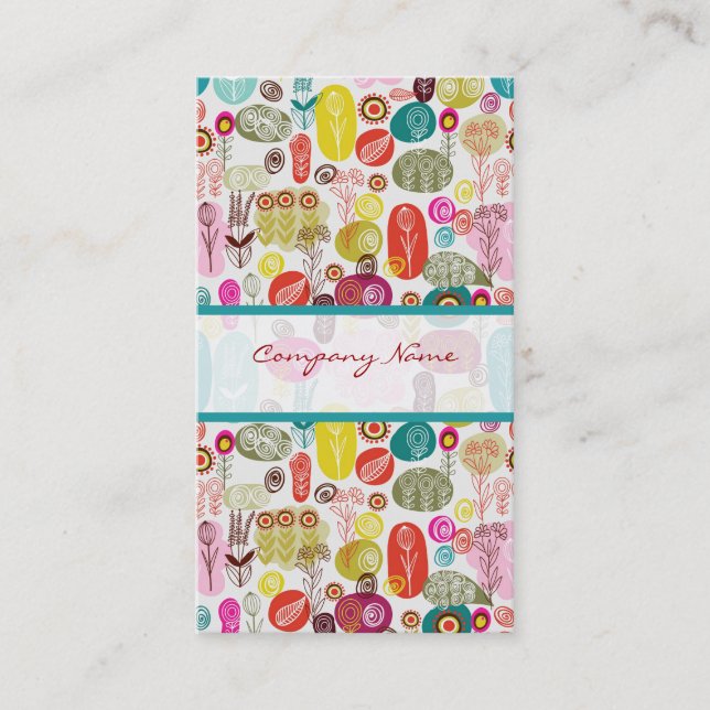 Colourful Simple Hand Drawn Retro Flowers Pattern  Business Card (Front)