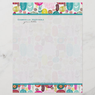 Colourful Simple Hand Drawn Retro Flowers Pattern  Personalized Letterhead