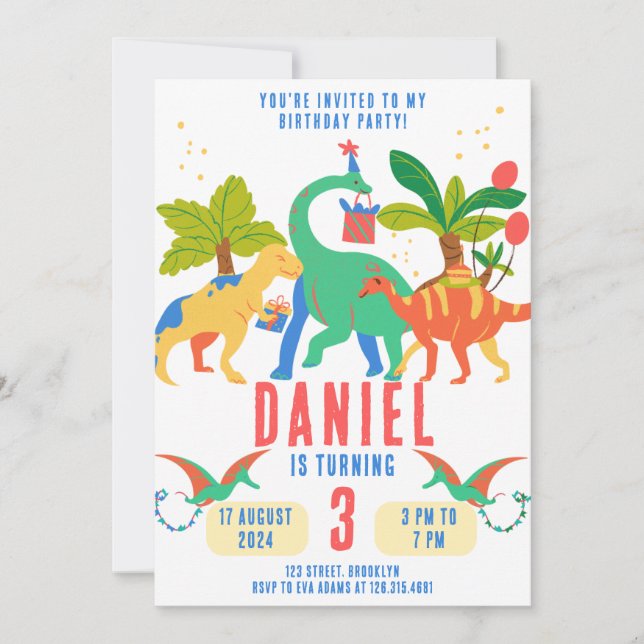 Colourful Simple Illustration Dinosaur Birthday Invitation (Front)
