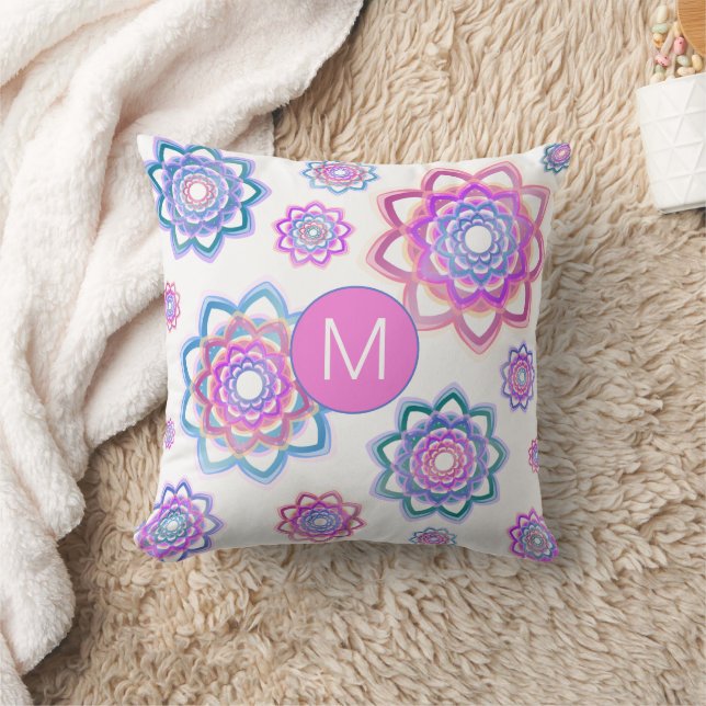 Colourful Simple Lotus Monogram Pink Pastel Green Cushion (Blanket)
