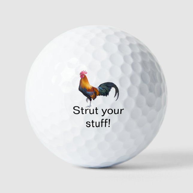 Colourful Simplistic Rooster "Strut your stuff!" Golf Balls (Front)