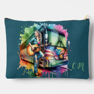 Colourful Singer With Guitar and Tour Bus Custom Accessory Pouch