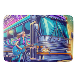 Colourful Singer With Guitar and Tour Bus Custom Bath Mat