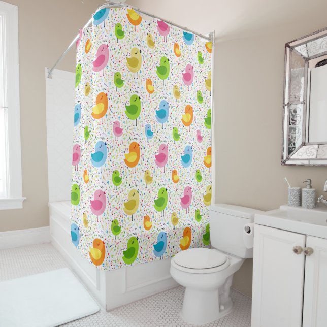 Colourful Singing Birds And Musical Notes Shower Curtain (In Situ)