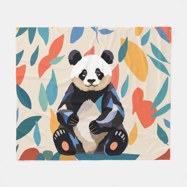 Colourful Sitting Panda Bear Matisse Inspired Fleece Blanket (Front (Horizontal))