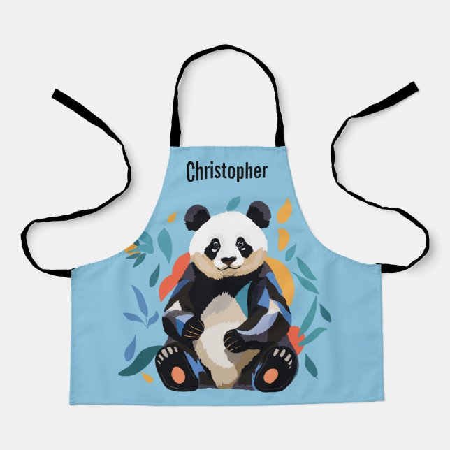 Colourful Sitting Panda Bear Personalised Name Blu Apron (Front)