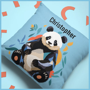 Colourful Sitting Panda Bear Personalised Name Blu Cushion