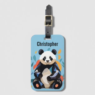 Colourful Sitting Panda Bear Personalised Name Blu Luggage Tag