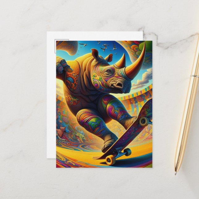 Colourful Skateboarding Rhino Postcard (Front/Back In Situ)