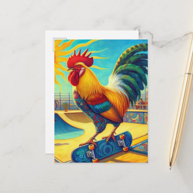 Colourful Skateboarding Rooster Postcard (Front/Back In Situ)