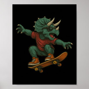 Colourful Skateboarding Triceratops Dinosaur Desig Poster