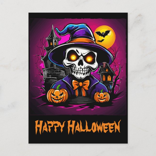 Colourful Skeleton Halloween Cartoon Pumpkin Postcard (Front)