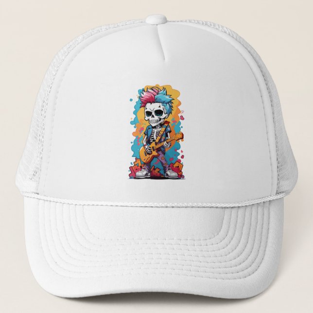 Colourful skeleton with guitar trucker hat (Front)