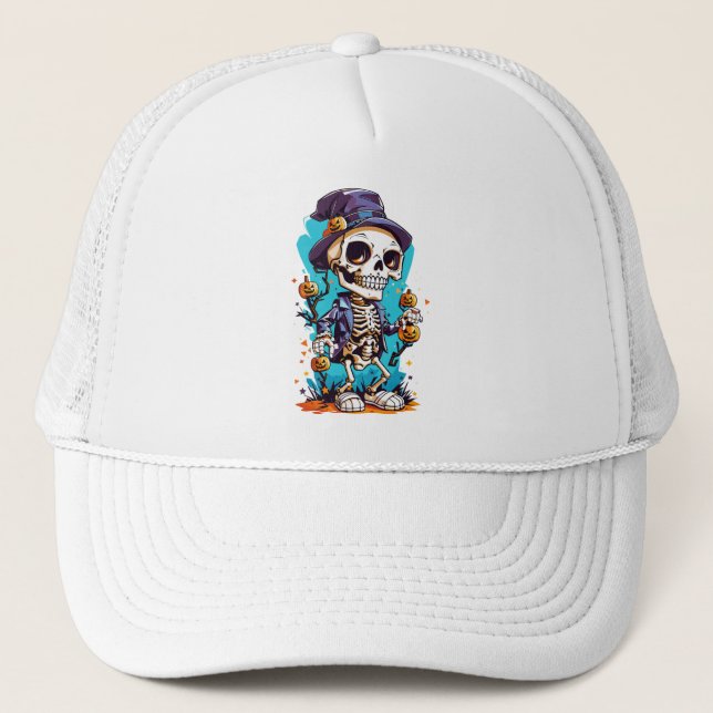 Colourful skeleton with halloween pumpkin trucker hat (Front)