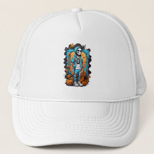Colourful skeleton with halloween pumpkin trucker hat