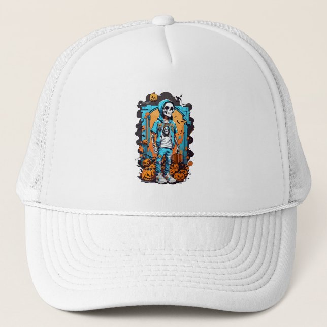 Colourful skeleton with halloween pumpkin trucker hat (Front)