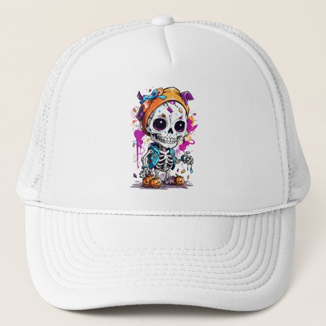 Colourful skeleton with halloween pumpkin trucker hat (Front)