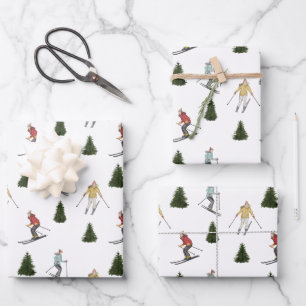 Colourful Skiers Festive Watercolor Winter Pattern Wrapping Paper Sheet