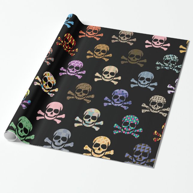 Colourful Skull & Crossbones Wrapping Paper (Unrolled)