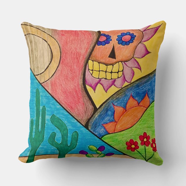 Colourful Skull Day of the Dead Southwest Desert Cushion (Front)
