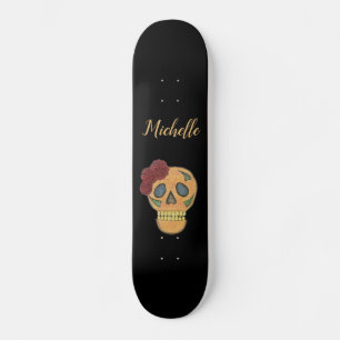 Colourful Skull Floral Custom Typography Black Skateboard